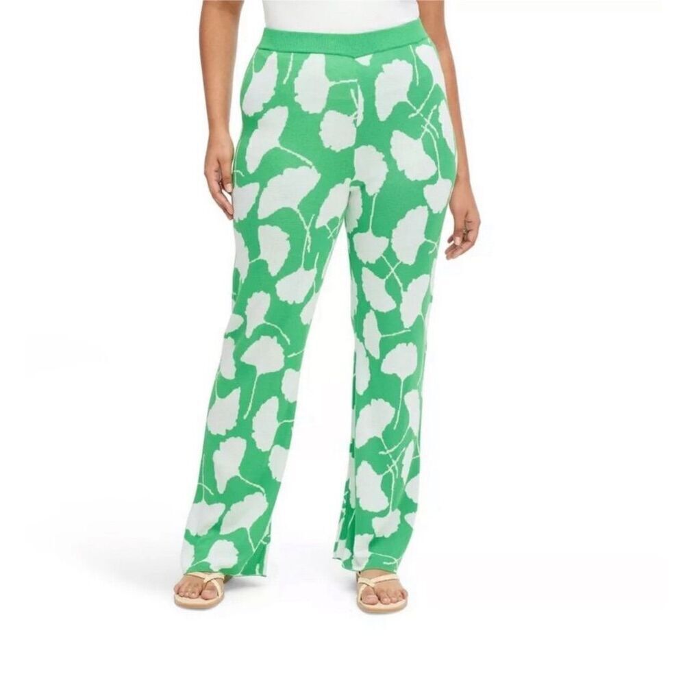 Diane Von Furstenberg Women's XS Green Floral High Waist Flare Pants